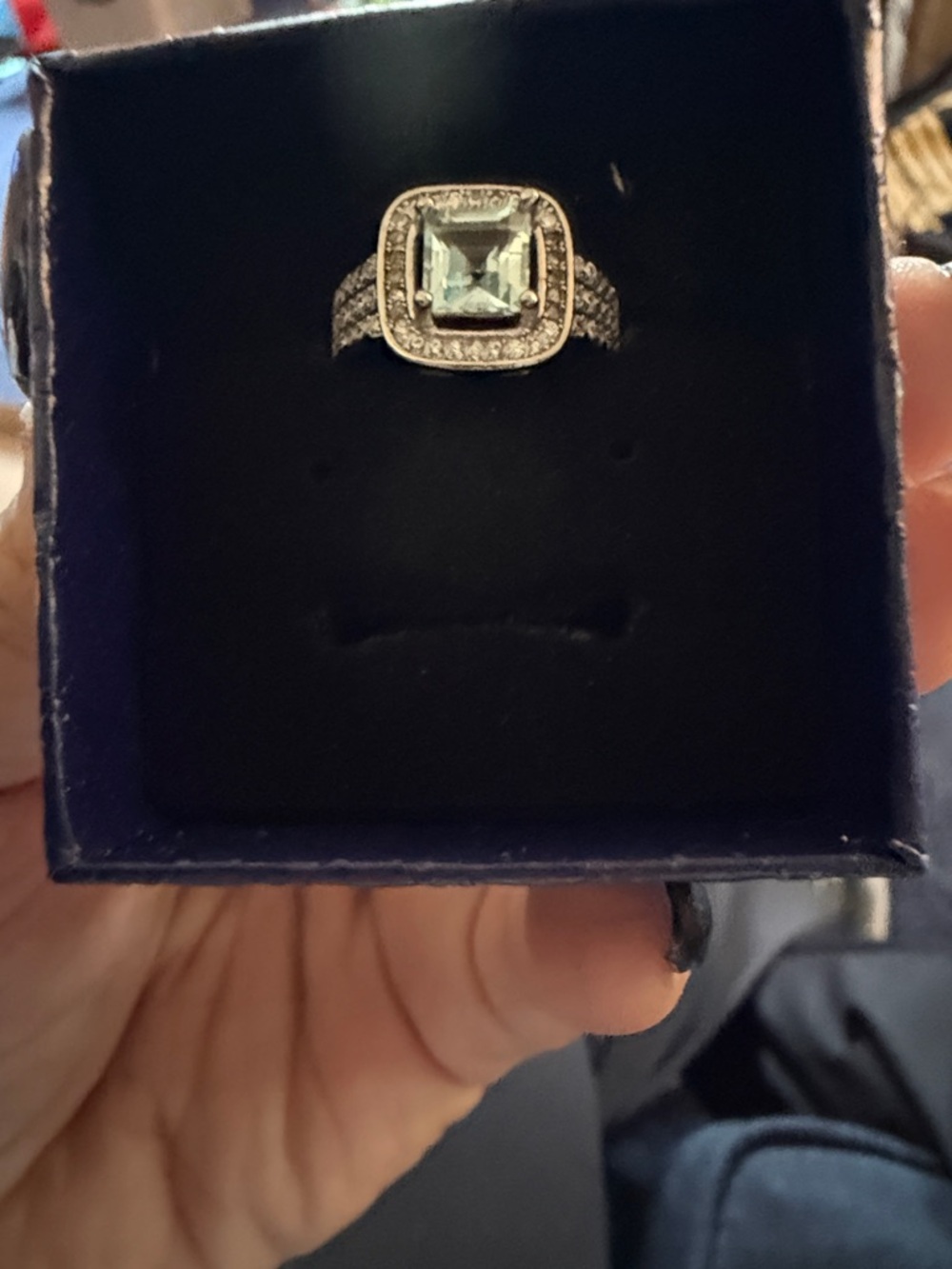 Sterling Silver Halo Ring with Light Blue Square Gem